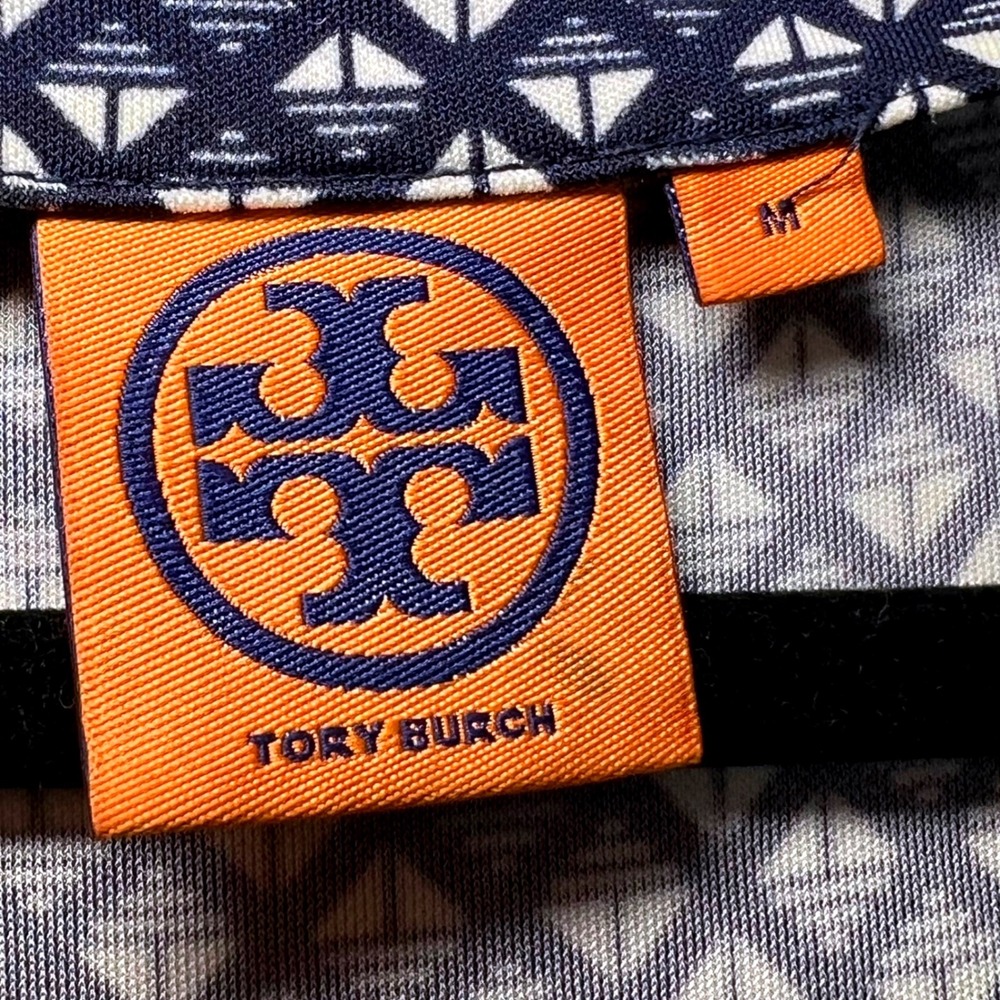 Tory Burch Navy Blue White Geometric Print V-Neck Belted Dress Womens Medium - Picture 4 of 10